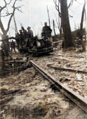 Soldiers travelling on the Anzac Light Railway during the Australian advance, which followed the German  withdrawal in the early spring.